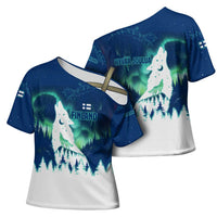 Finland Christmas Cross Shoulder Shirt with Howling Wolf Northern Lights Forest and Snow Design - Wonder Print Shop