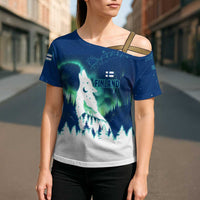 Finland Christmas Cross Shoulder Shirt with Howling Wolf Northern Lights Forest and Snow Design - Wonder Print Shop