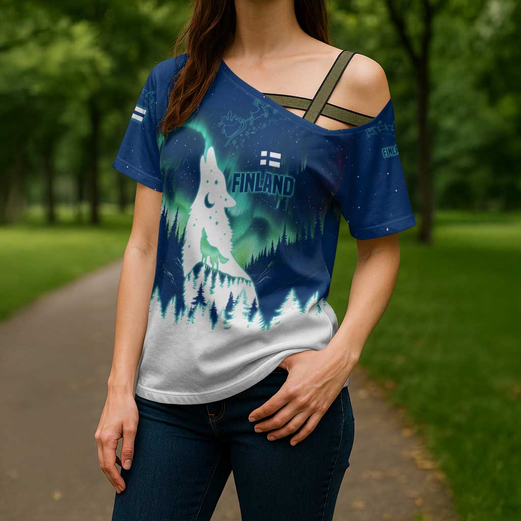 Finland Christmas Cross Shoulder Shirt with Howling Wolf Northern Lights Forest and Snow Design - Wonder Print Shop