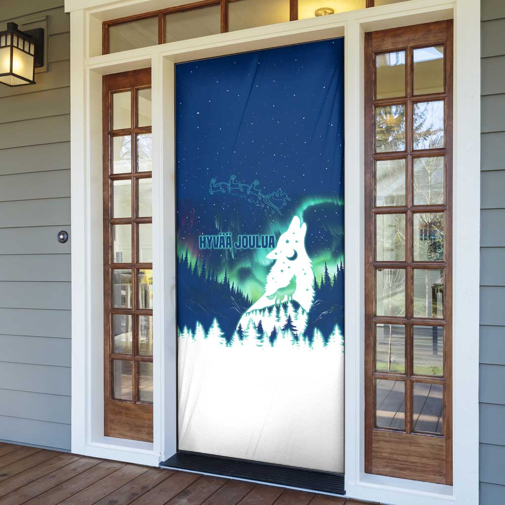 Finland Christmas Door Cover with Howling Wolf Northern Lights Forest and Snow Design - Wonder Print Shop