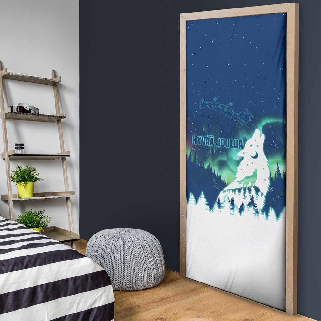 Finland Christmas Door Cover with Howling Wolf Northern Lights Forest and Snow Design - Wonder Print Shop