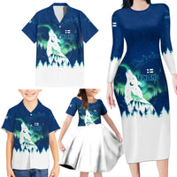 Finland Christmas Family Matching Long Sleeve Bodycon Dress and Hawaiian Shirt with Howling Wolf Northern Lights Forest and Snow Design - Wonder Print Shop