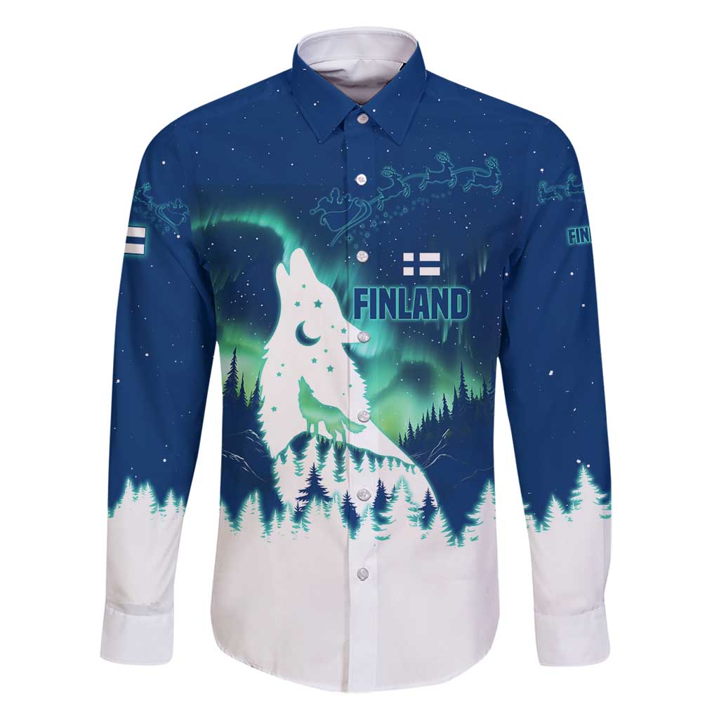Finland Christmas Family Matching Long Sleeve Bodycon Dress and Hawaiian Shirt with Howling Wolf Northern Lights Forest and Snow Design - Wonder Print Shop