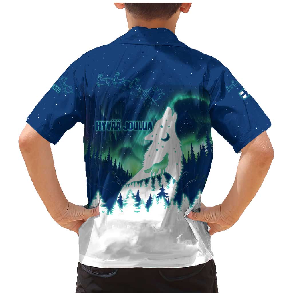 Finland Christmas Family Matching Mermaid Dress and Hawaiian Shirt with Howling Wolf Northern Lights Forest and Snow Design - Wonder Print Shop