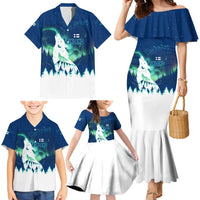 Finland Christmas Family Matching Mermaid Dress and Hawaiian Shirt with Howling Wolf Northern Lights Forest and Snow Design - Wonder Print Shop