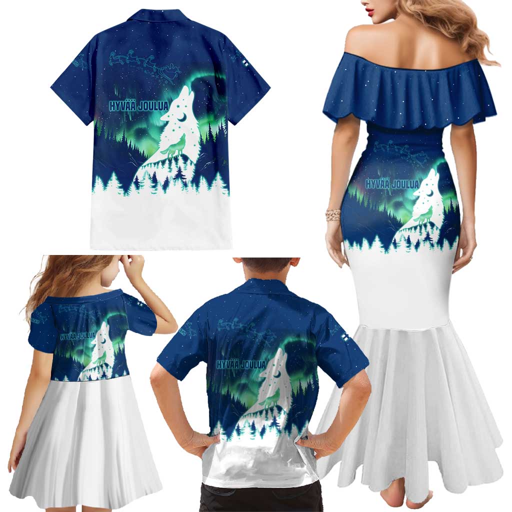 Finland Christmas Family Matching Mermaid Dress and Hawaiian Shirt with Howling Wolf Northern Lights Forest and Snow Design - Wonder Print Shop