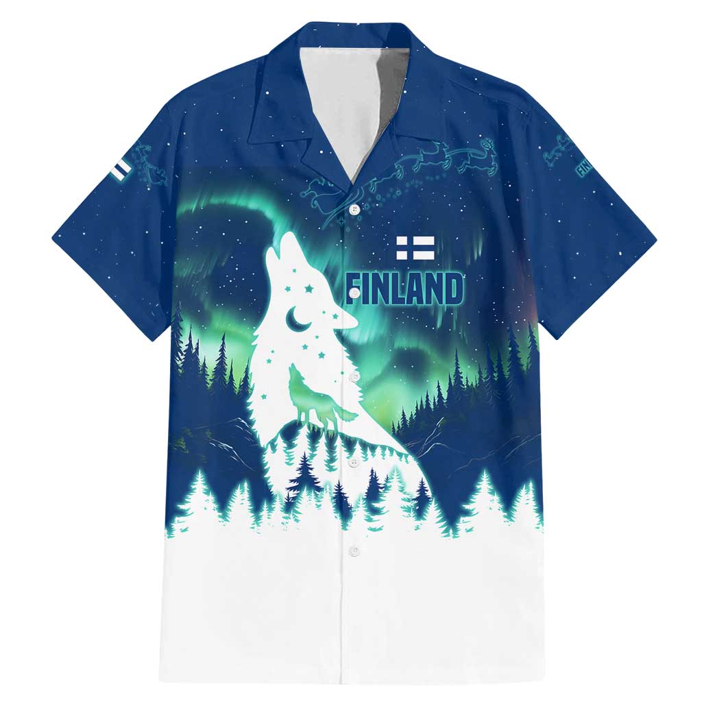 Finland Christmas Family Matching Mermaid Dress and Hawaiian Shirt with Howling Wolf Northern Lights Forest and Snow Design - Wonder Print Shop