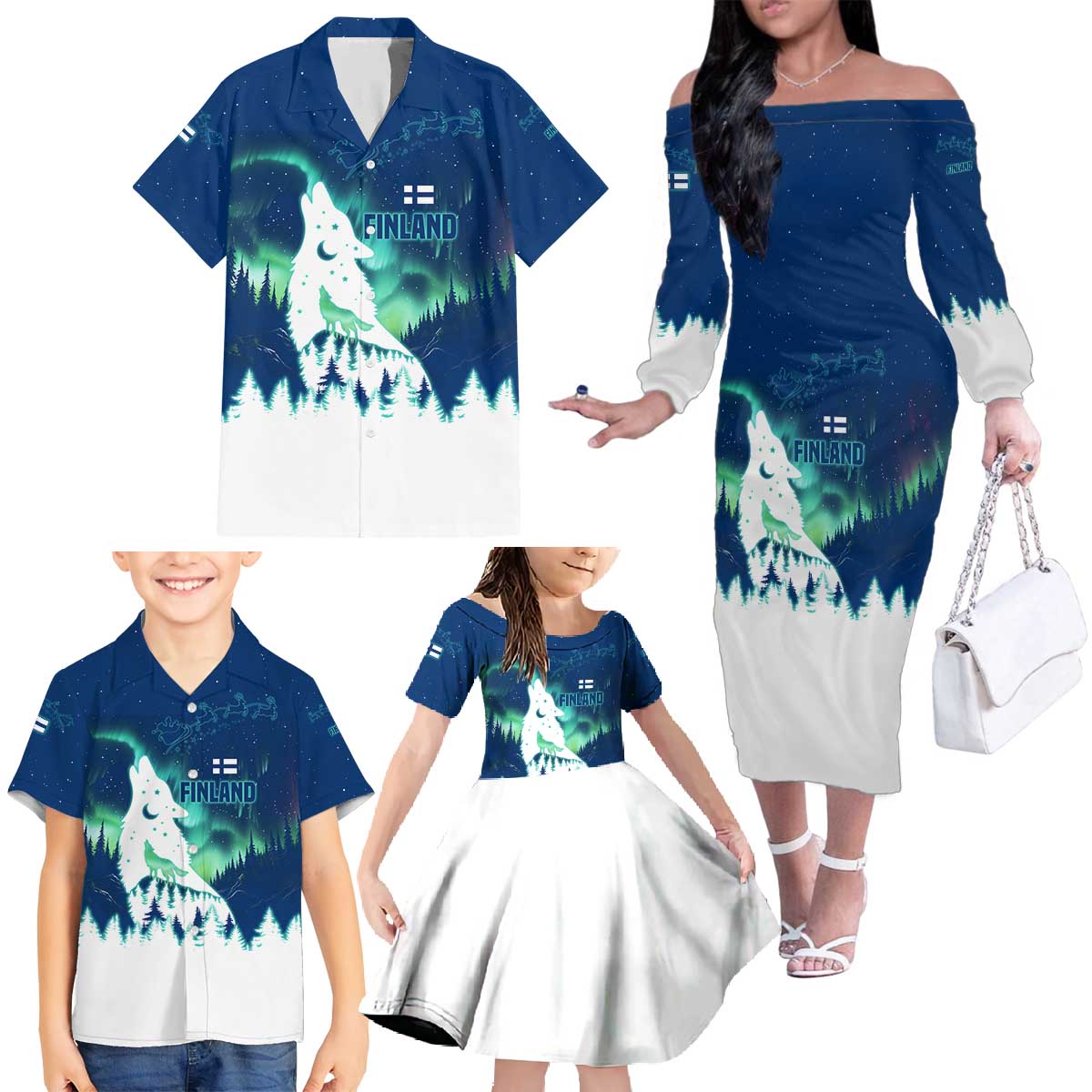 Finland Christmas Family Matching Off The Shoulder Long Sleeve Dress and Hawaiian Shirt with Howling Wolf Northern Lights Forest and Snow Design - Wonder Print Shop