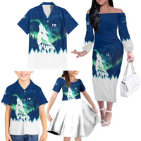 Finland Christmas Family Matching Off The Shoulder Long Sleeve Dress and Hawaiian Shirt with Howling Wolf Northern Lights Forest and Snow Design - Wonder Print Shop
