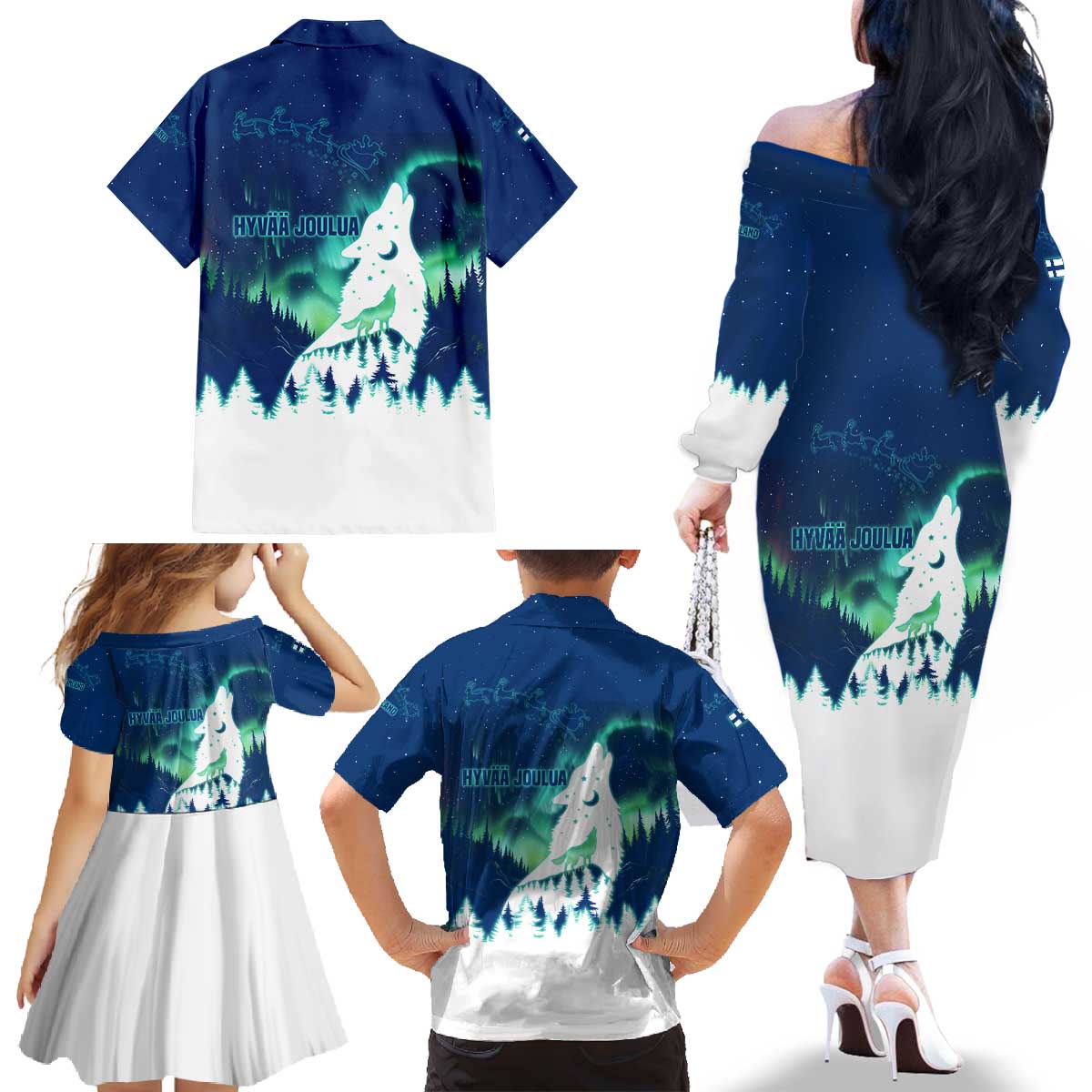 Finland Christmas Family Matching Off The Shoulder Long Sleeve Dress and Hawaiian Shirt with Howling Wolf Northern Lights Forest and Snow Design - Wonder Print Shop