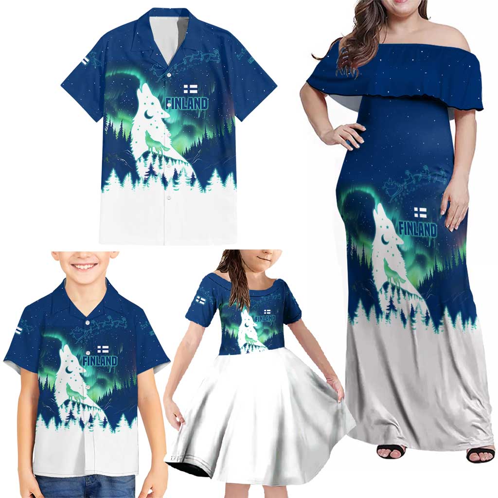 Finland Christmas Family Matching Off Shoulder Maxi Dress and Hawaiian Shirt with Howling Wolf Northern Lights Forest and Snow Design - Wonder Print Shop