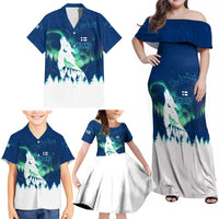 Finland Christmas Family Matching Off Shoulder Maxi Dress and Hawaiian Shirt with Howling Wolf Northern Lights Forest and Snow Design - Wonder Print Shop