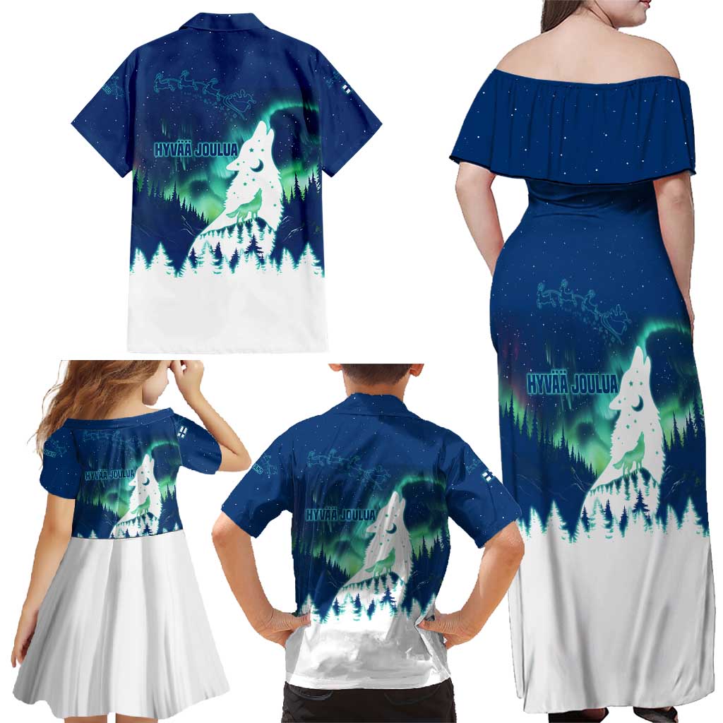 Finland Christmas Family Matching Off Shoulder Maxi Dress and Hawaiian Shirt with Howling Wolf Northern Lights Forest and Snow Design - Wonder Print Shop