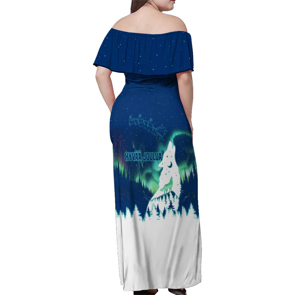 Finland Christmas Family Matching Off Shoulder Maxi Dress and Hawaiian Shirt with Howling Wolf Northern Lights Forest and Snow Design - Wonder Print Shop