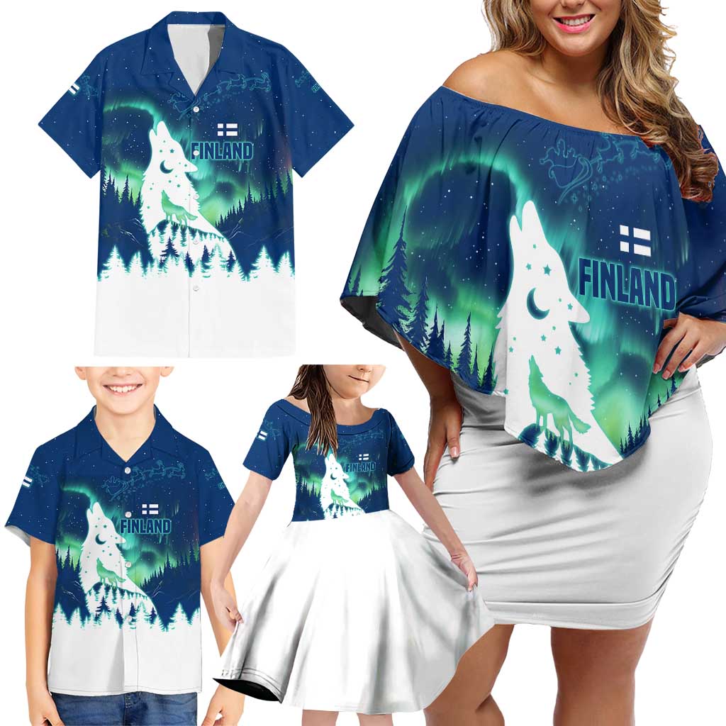 Finland Christmas Family Matching Off Shoulder Short Dress and Hawaiian Shirt with Howling Wolf Northern Lights Forest and Snow Design - Wonder Print Shop
