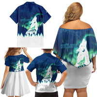 Finland Christmas Family Matching Off Shoulder Short Dress and Hawaiian Shirt with Howling Wolf Northern Lights Forest and Snow Design - Wonder Print Shop