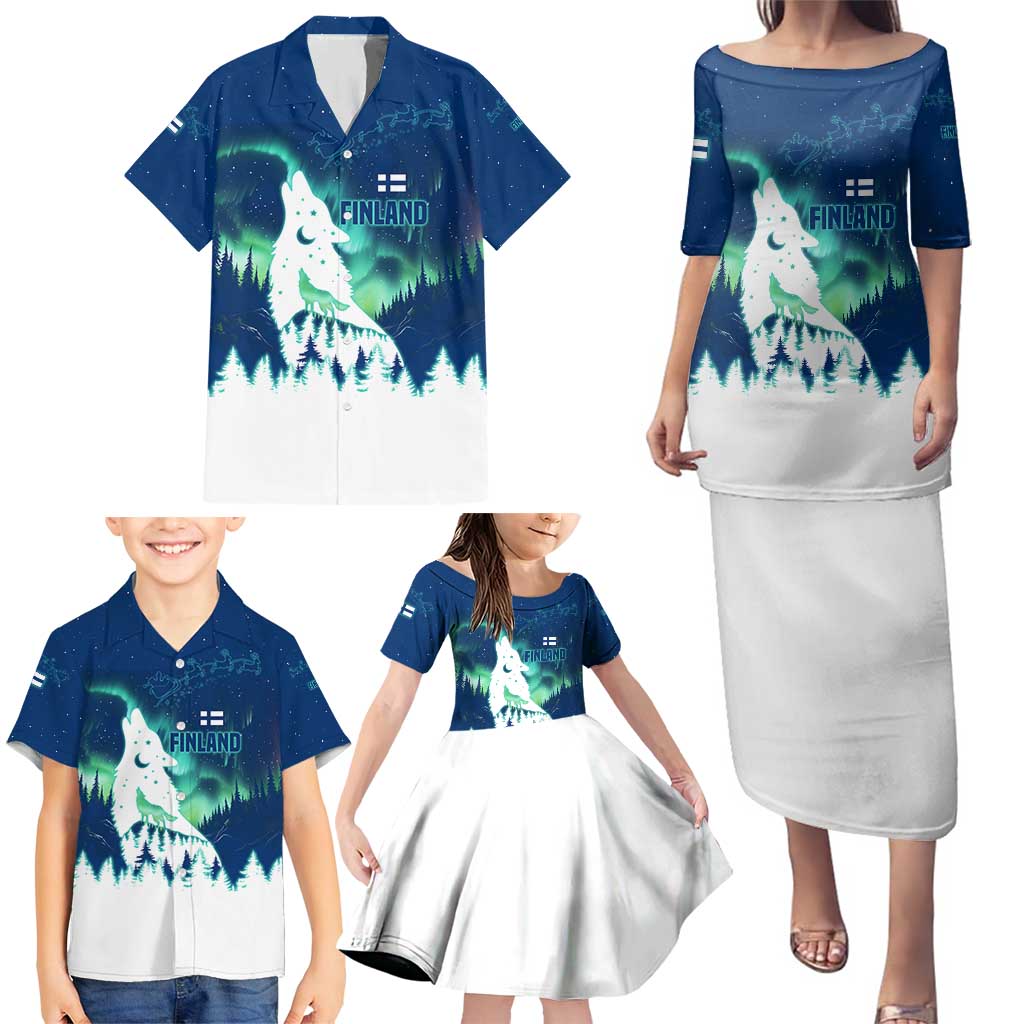 Finland Christmas Family Matching Puletasi and Hawaiian Shirt with Howling Wolf Northern Lights Forest and Snow Design - Wonder Print Shop