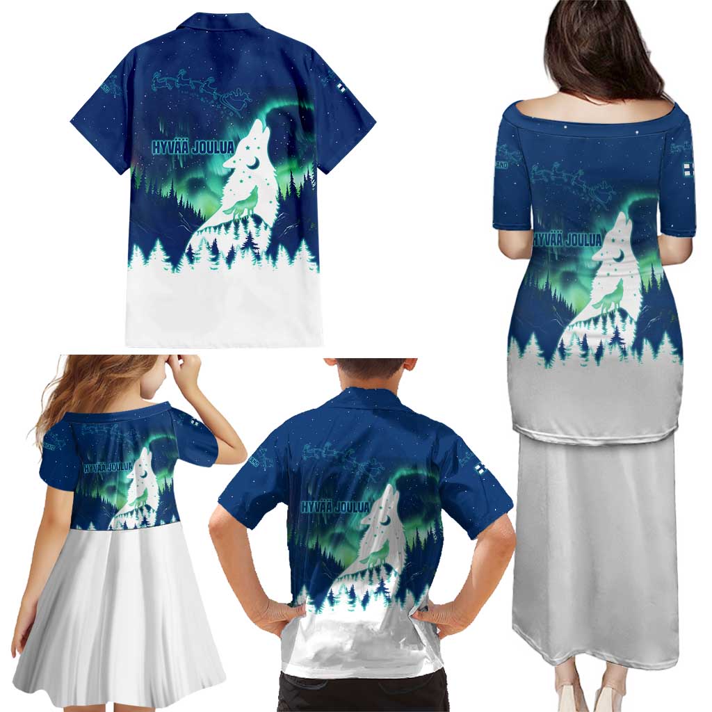 Finland Christmas Family Matching Puletasi and Hawaiian Shirt with Howling Wolf Northern Lights Forest and Snow Design - Wonder Print Shop