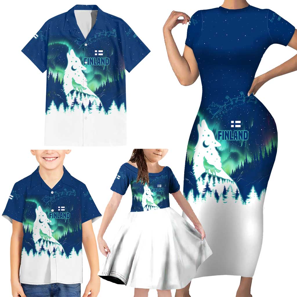 Finland Christmas Family Matching Short Sleeve Bodycon Dress and Hawaiian Shirt with Howling Wolf Northern Lights Forest and Snow Design - Wonder Print Shop