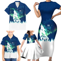 Finland Christmas Family Matching Short Sleeve Bodycon Dress and Hawaiian Shirt with Howling Wolf Northern Lights Forest and Snow Design - Wonder Print Shop
