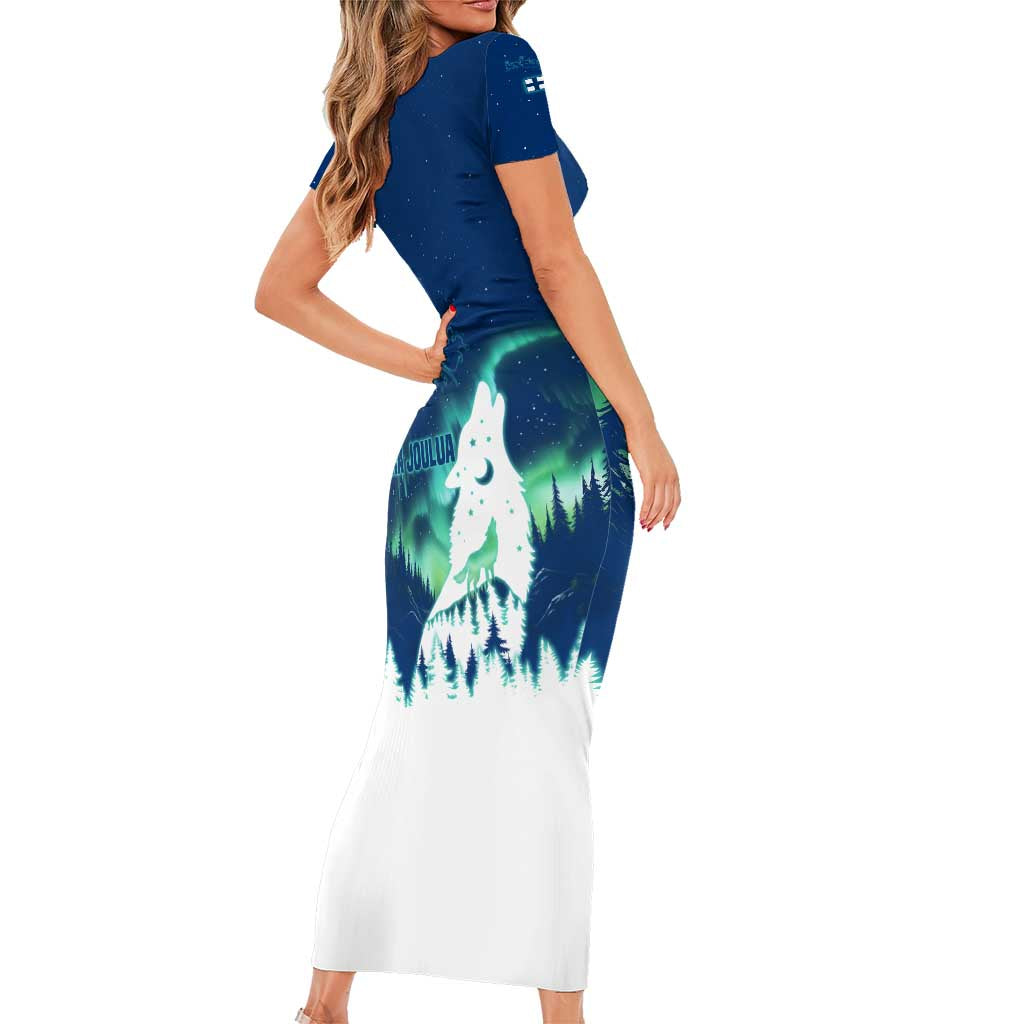 Finland Christmas Family Matching Short Sleeve Bodycon Dress and Hawaiian Shirt with Howling Wolf Northern Lights Forest and Snow Design - Wonder Print Shop