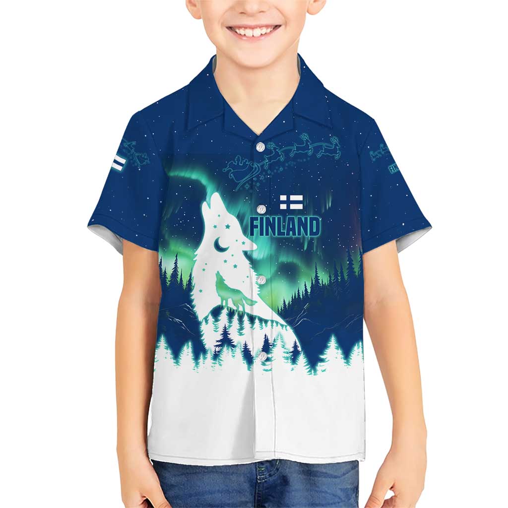 Finland Christmas Family Matching Short Sleeve Bodycon Dress and Hawaiian Shirt with Howling Wolf Northern Lights Forest and Snow Design - Wonder Print Shop