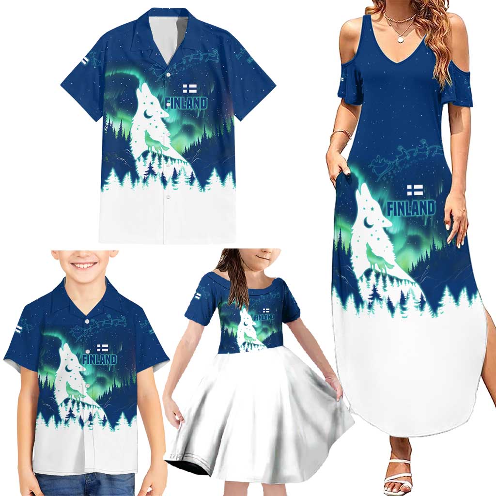 Finland Christmas Family Matching Summer Maxi Dress and Hawaiian Shirt with Howling Wolf Northern Lights Forest and Snow Design - Wonder Print Shop
