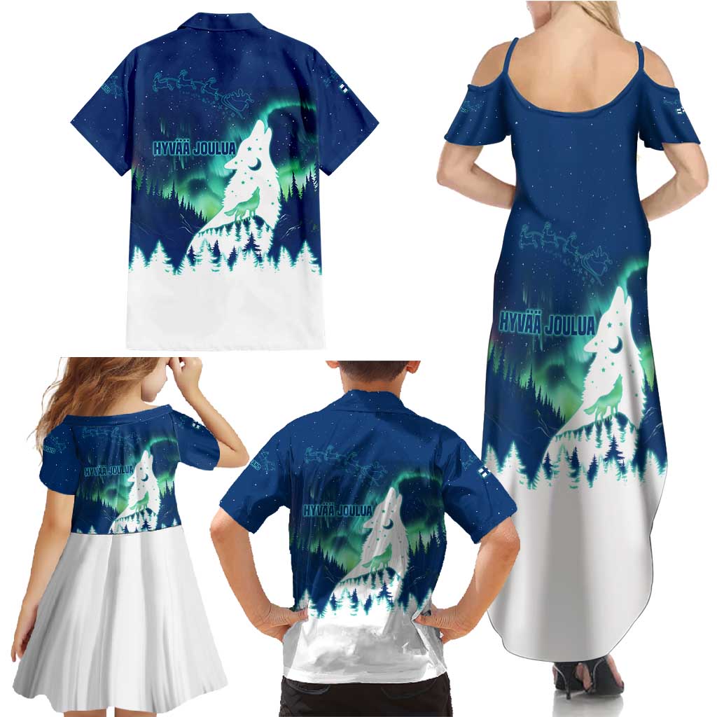Finland Christmas Family Matching Summer Maxi Dress and Hawaiian Shirt with Howling Wolf Northern Lights Forest and Snow Design - Wonder Print Shop