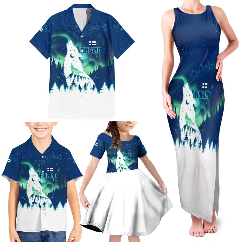 Finland Christmas Family Matching Tank Maxi Dress and Hawaiian Shirt with Howling Wolf Northern Lights Forest and Snow Design - Wonder Print Shop