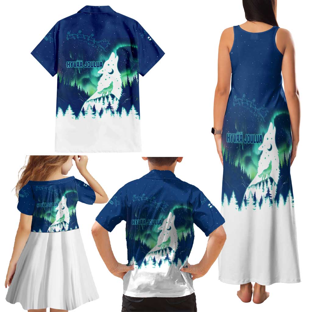 Finland Christmas Family Matching Tank Maxi Dress and Hawaiian Shirt with Howling Wolf Northern Lights Forest and Snow Design - Wonder Print Shop