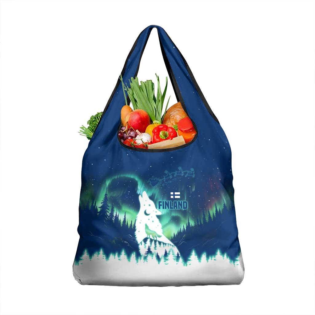 Finland Christmas Grocery Bag with Howling Wolf Northern Lights Forest and Snow Design - Wonder Print Shop