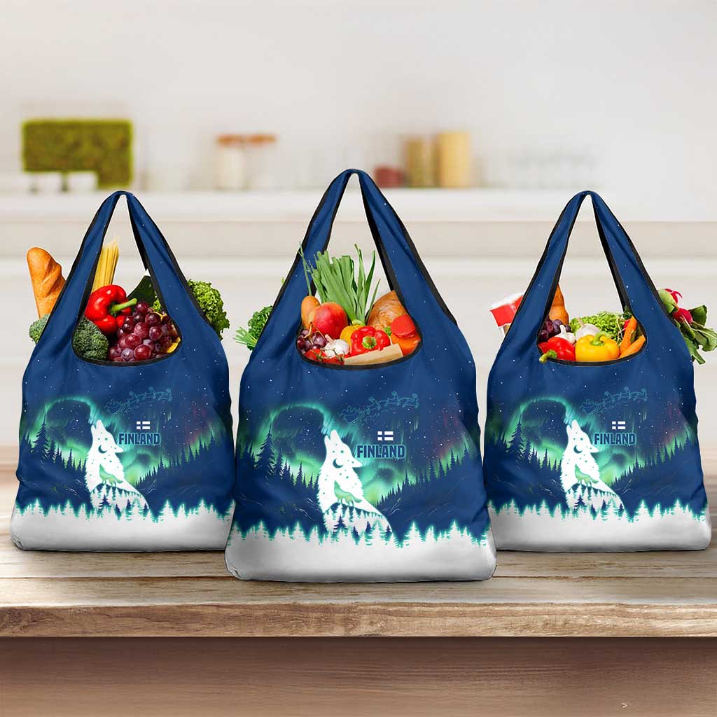 Finland Christmas Grocery Bag with Howling Wolf Northern Lights Forest and Snow Design - Wonder Print Shop