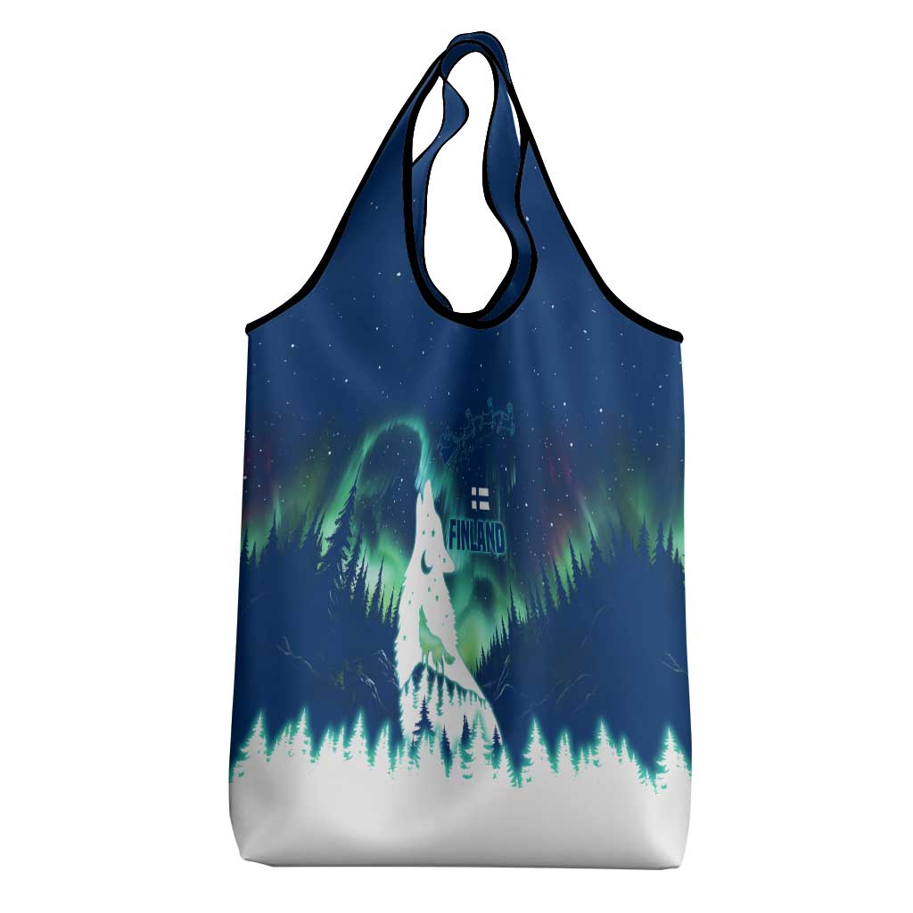 Finland Christmas Grocery Bag with Howling Wolf Northern Lights Forest and Snow Design - Wonder Print Shop
