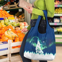 Finland Christmas Grocery Bag with Howling Wolf Northern Lights Forest and Snow Design - Wonder Print Shop