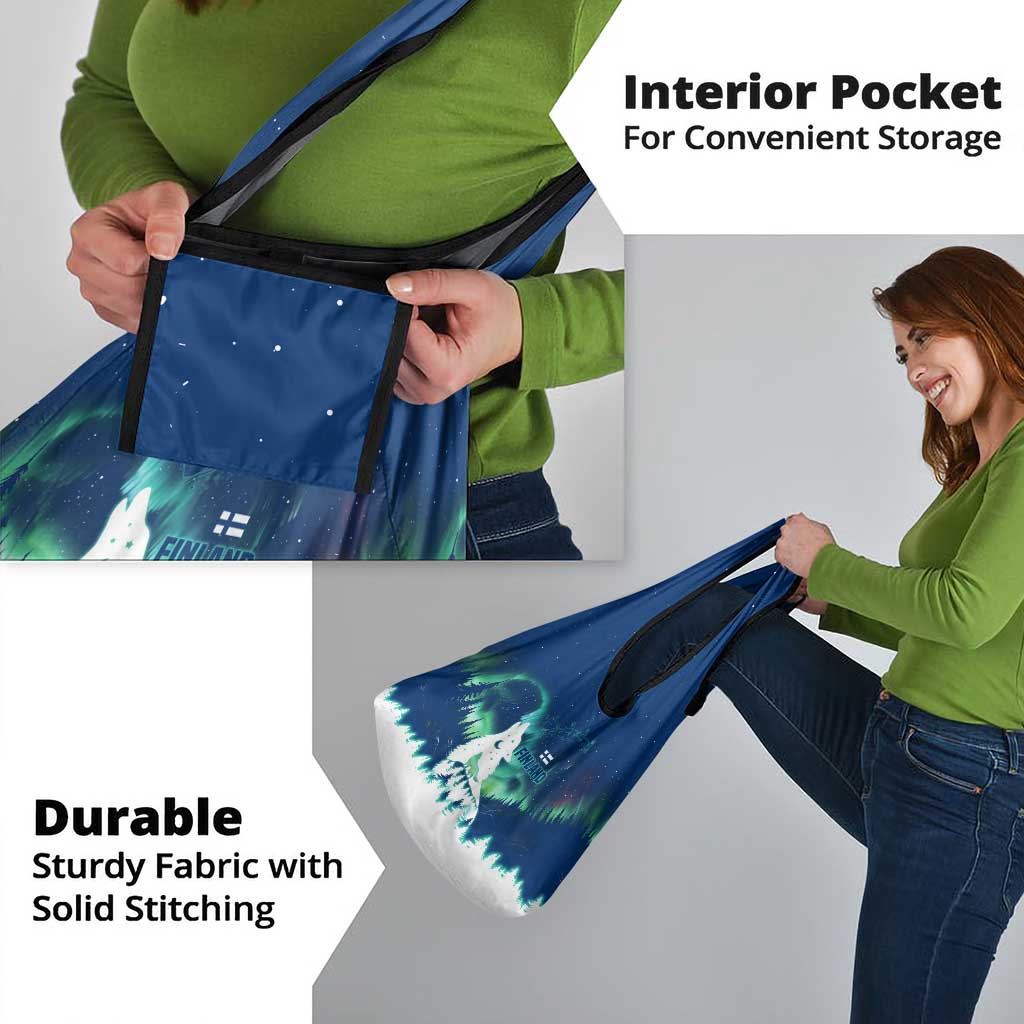 Finland Christmas Grocery Bag with Howling Wolf Northern Lights Forest and Snow Design - Wonder Print Shop