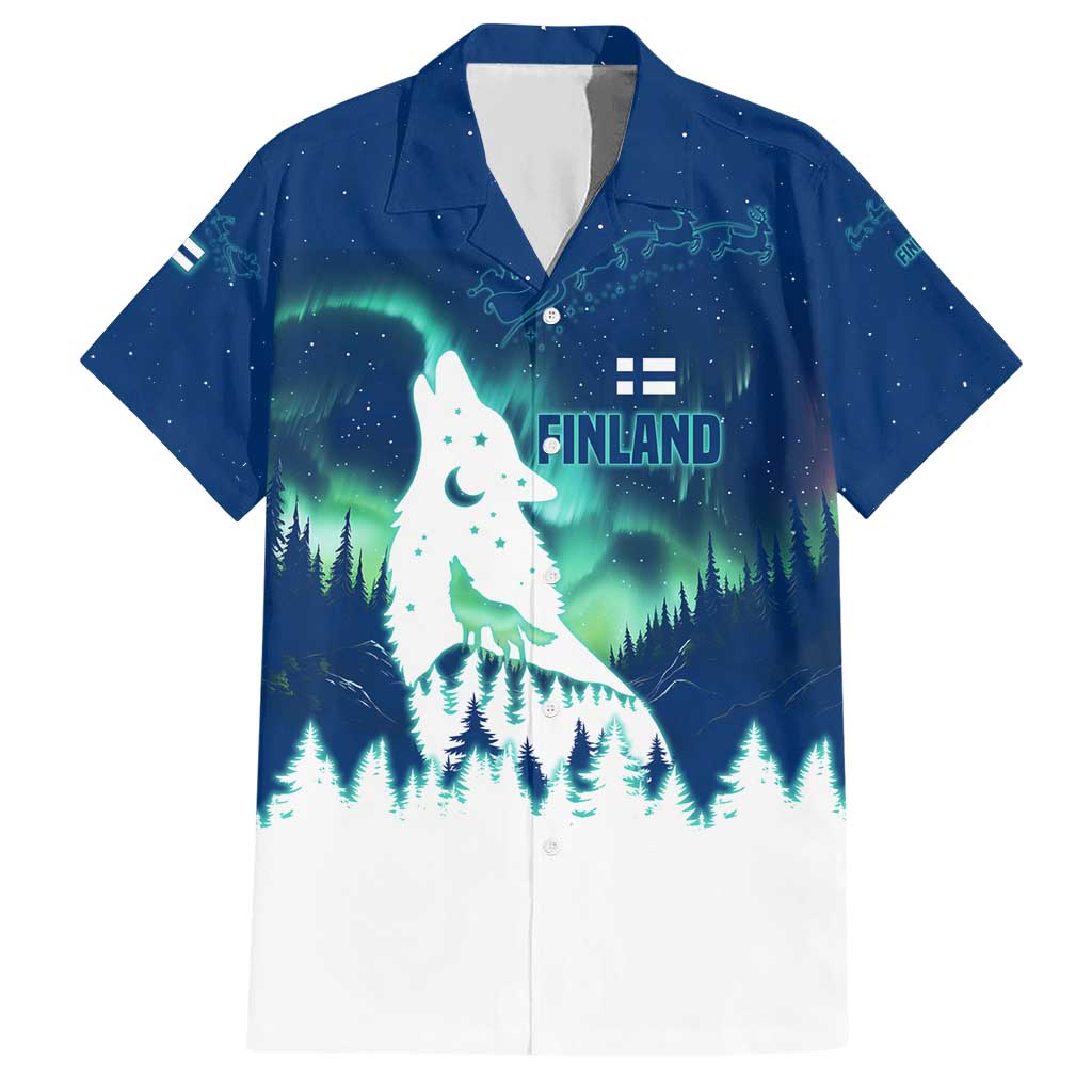 Finland Christmas Hawaiian Shirt with Howling Wolf Northern Lights Forest and Snow Design - Wonder Print Shop