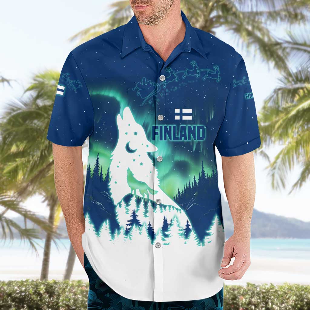 Finland Christmas Hawaiian Shirt with Howling Wolf Northern Lights Forest and Snow Design - Wonder Print Shop