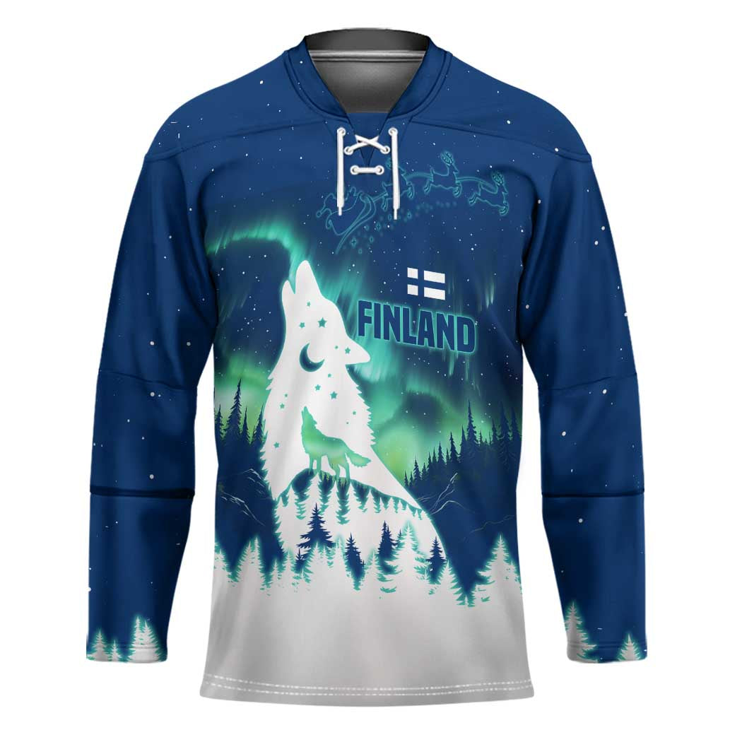 Finland Christmas Hockey Jersey with Howling Wolf Northern Lights Forest and Snow Design - Wonder Print Shop