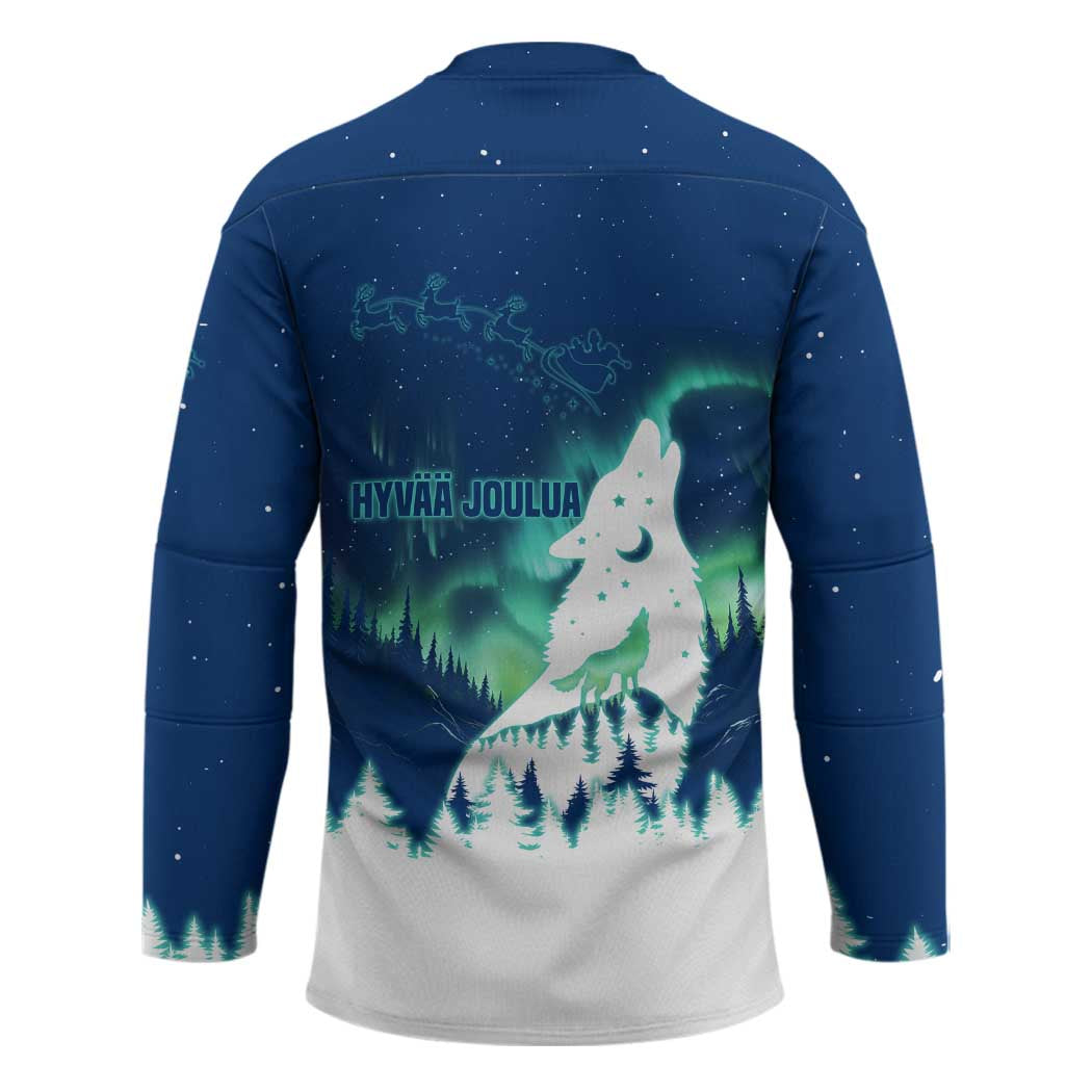 Finland Christmas Hockey Jersey with Howling Wolf Northern Lights Forest and Snow Design - Wonder Print Shop