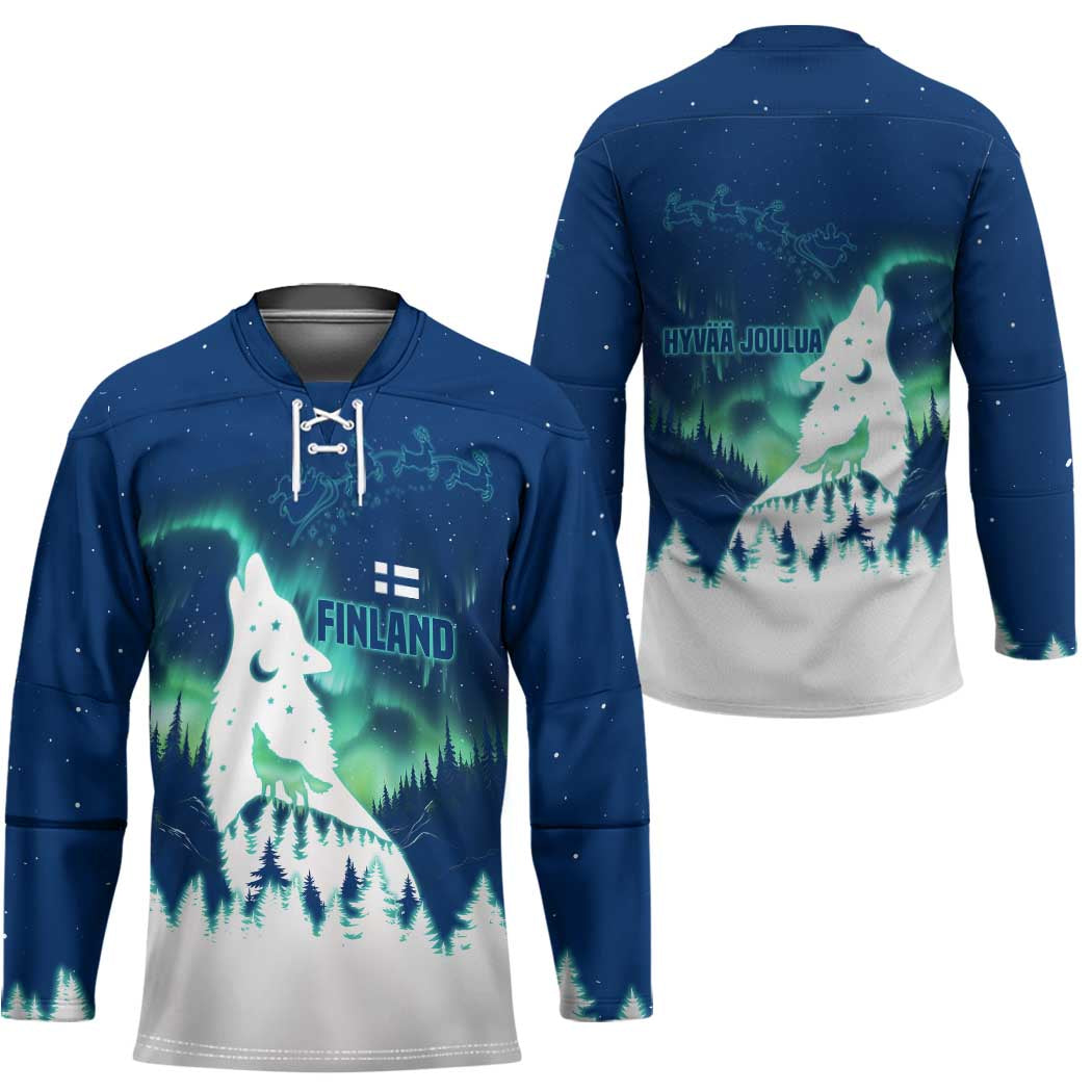 Finland Christmas Hockey Jersey with Howling Wolf Northern Lights Forest and Snow Design - Wonder Print Shop