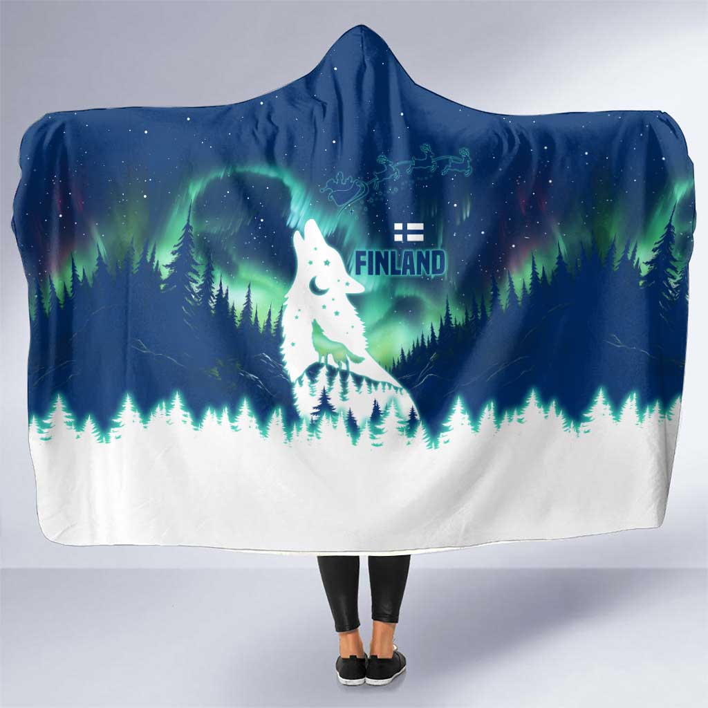 Finland Christmas Hooded Blanket with Howling Wolf Northern Lights Forest and Snow Design - Wonder Print Shop