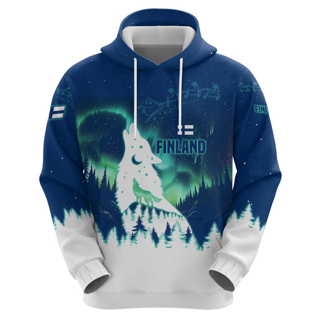 Finland Christmas Hoodie with Howling Wolf Northern Lights Forest and Snow Design - Wonder Print Shop