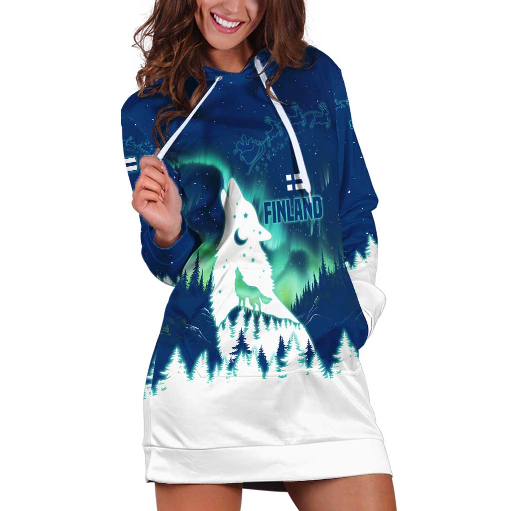 Finland Christmas Hoodie Dress with Howling Wolf Northern Lights Forest and Snow Design - Wonder Print Shop