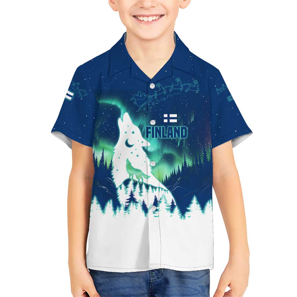 Finland Christmas Kid Hawaiian Shirt with Howling Wolf Northern Lights Forest and Snow Design - Wonder Print Shop