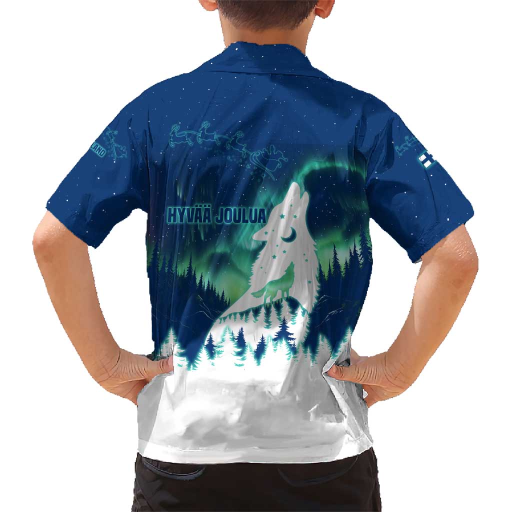 Finland Christmas Kid Hawaiian Shirt with Howling Wolf Northern Lights Forest and Snow Design - Wonder Print Shop