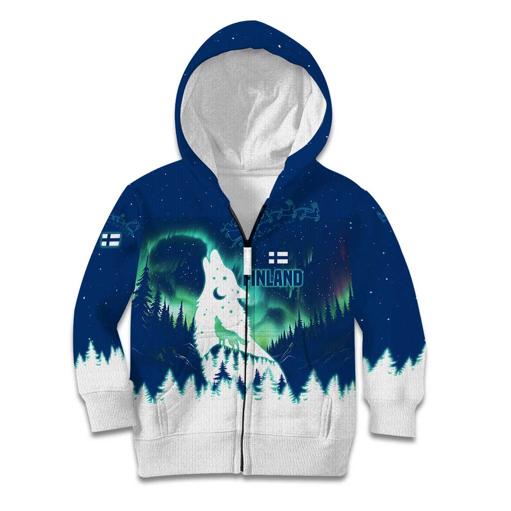 Finland Christmas Kid Hoodie with Howling Wolf Northern Lights Forest and Snow Design - Wonder Print Shop