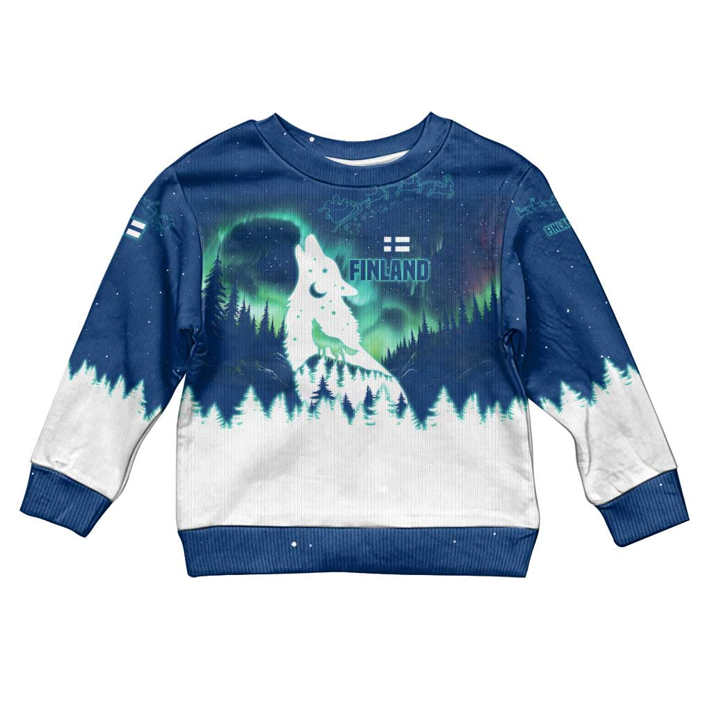 Finland Christmas Kid Ugly Christmas Sweater with Howling Wolf Northern Lights Forest and Snow Design - Wonder Print Shop