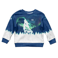 Finland Christmas Kid Ugly Christmas Sweater with Howling Wolf Northern Lights Forest and Snow Design - Wonder Print Shop