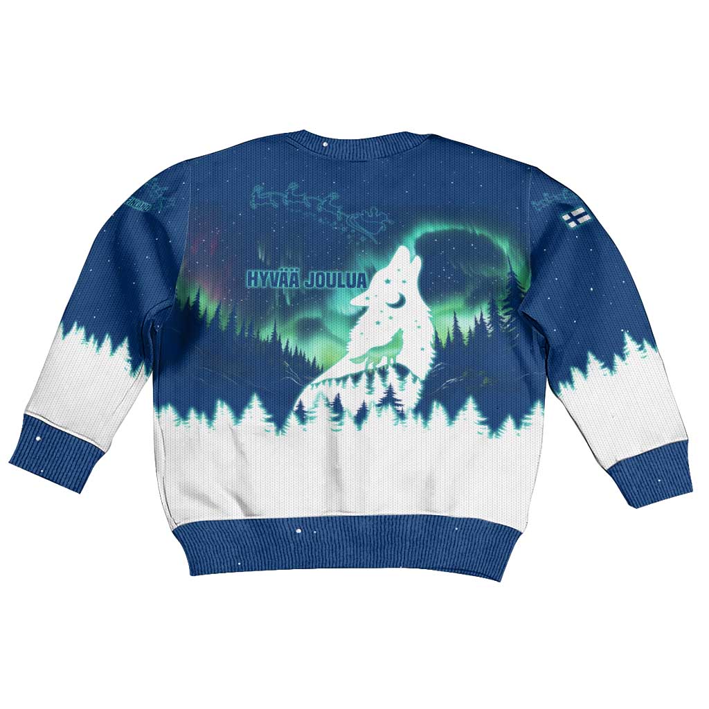 Finland Christmas Kid Ugly Christmas Sweater with Howling Wolf Northern Lights Forest and Snow Design - Wonder Print Shop