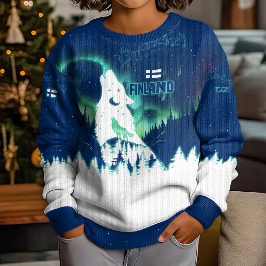 Finland Christmas Kid Ugly Christmas Sweater with Howling Wolf Northern Lights Forest and Snow Design - Wonder Print Shop